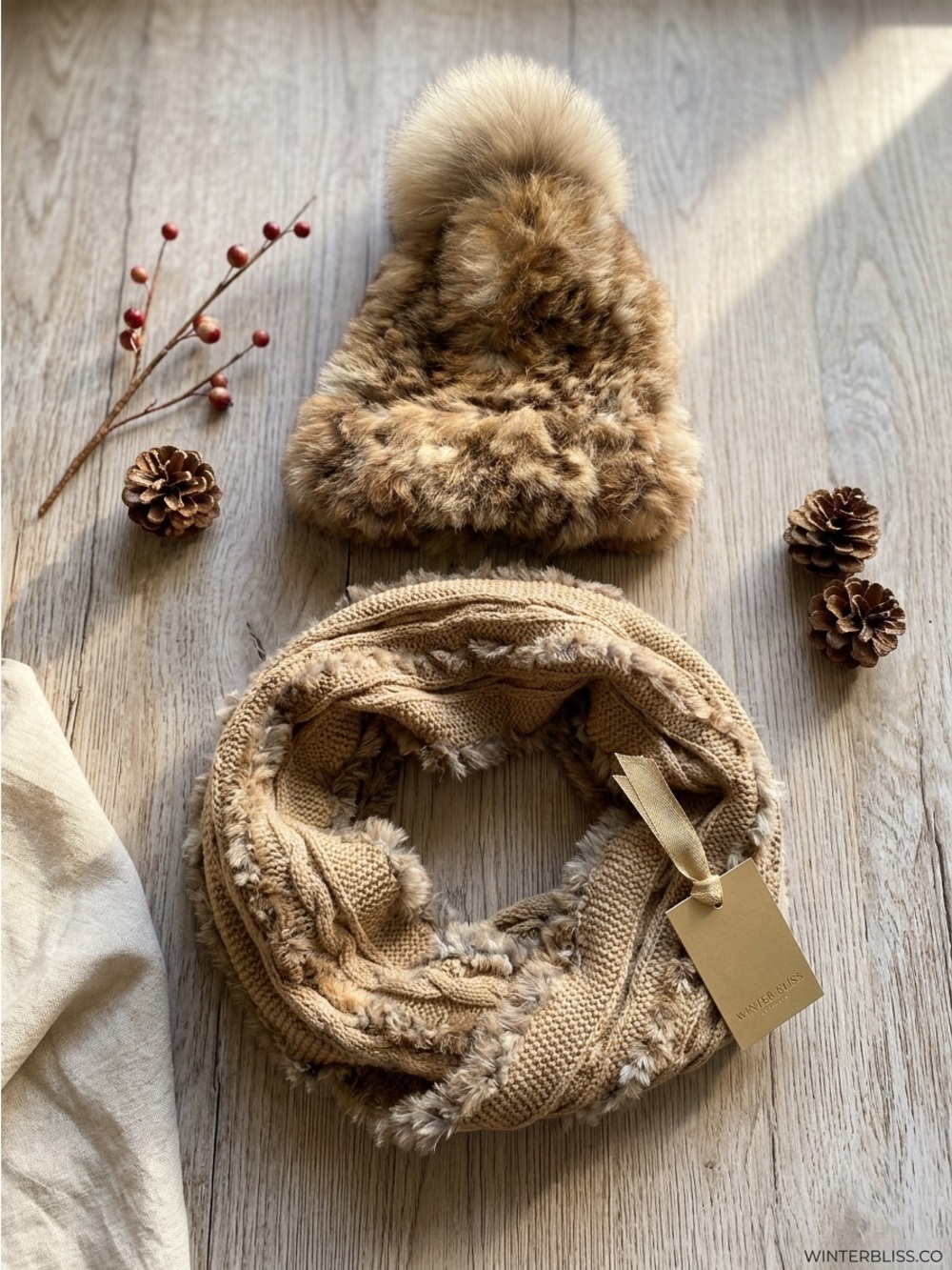Rudsak Knit Beanie Hat Infinity Scarf Set Tan Real Raccoon Rabbit Fur Trim EUC